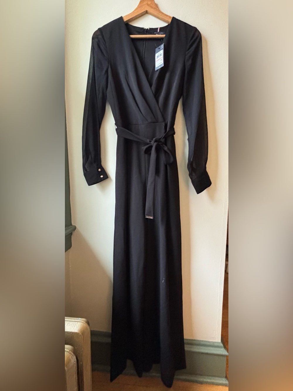 Tommy Hilfiger Black Long Sleeve Wrap Maxi Dress with Waist Tie